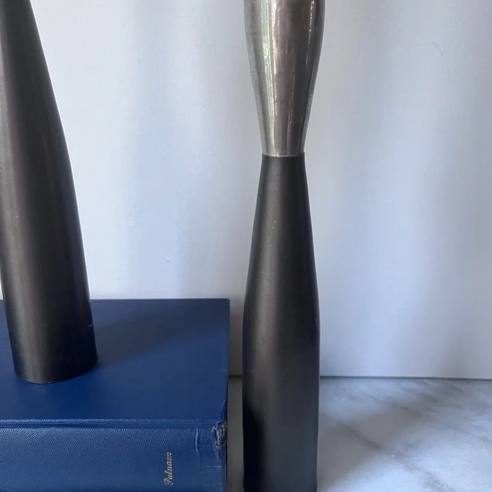 Crate & Barrel Chrome & Nickel Brutalist MCM Style Candle Holders Set Of 2
